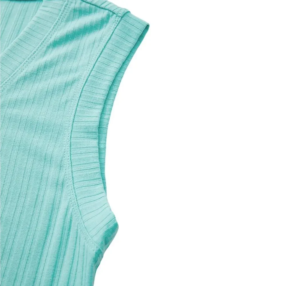 Mint Green Ribbed Button V Neck Tank Top and Shorts Set New S, M, L, XL